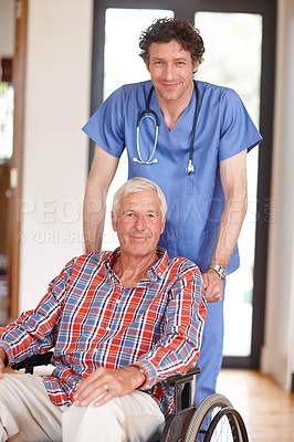 Buy stock photo Portrait of a male doctor standing with his senior patient who's in a wheelchair