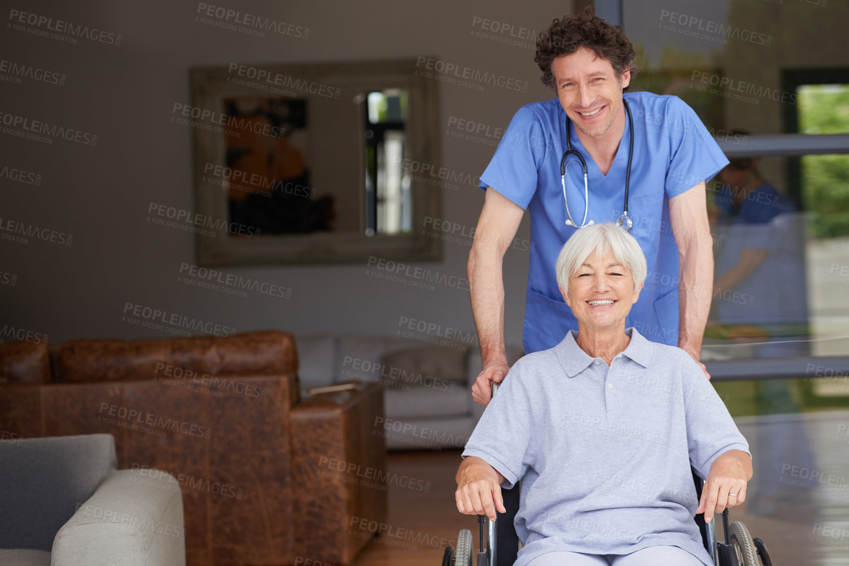 Buy stock photo Cropped shot of a doctor pushing his senior patient in a wheelchair