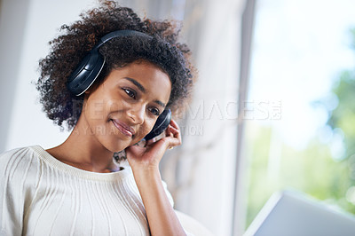 Buy stock photo African, woman and computer with happiness, home and technology for video or music. Student, computer and internet for streaming, blog and email with connectivity and relaxation for wellness in house