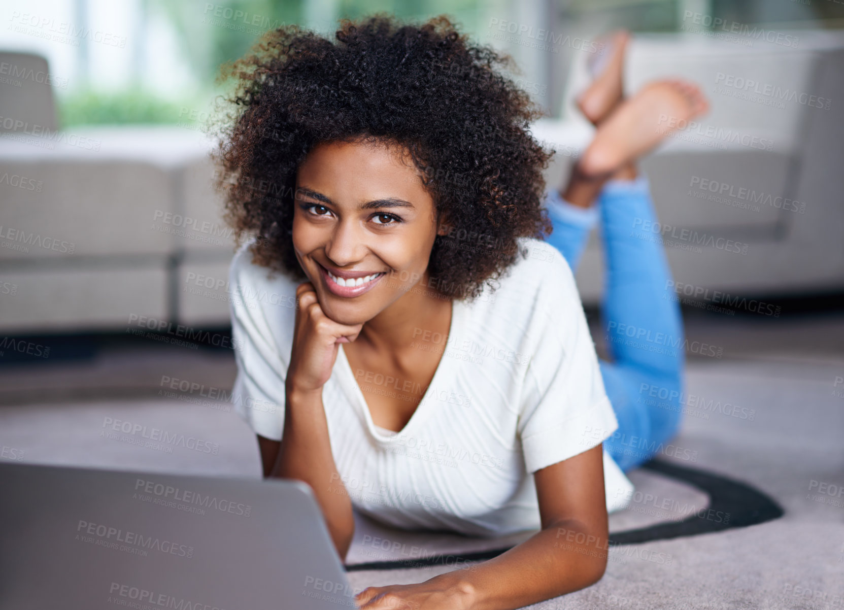 Buy stock photo Happy, laptop and portrait of woman on floor working on freelance creative project in living room. Smile, technology and female designer type on computer for research relaxing on carpet in apartment.