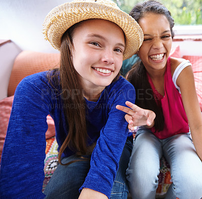 Buy stock photo Shot of teenage friends taking a selfie together