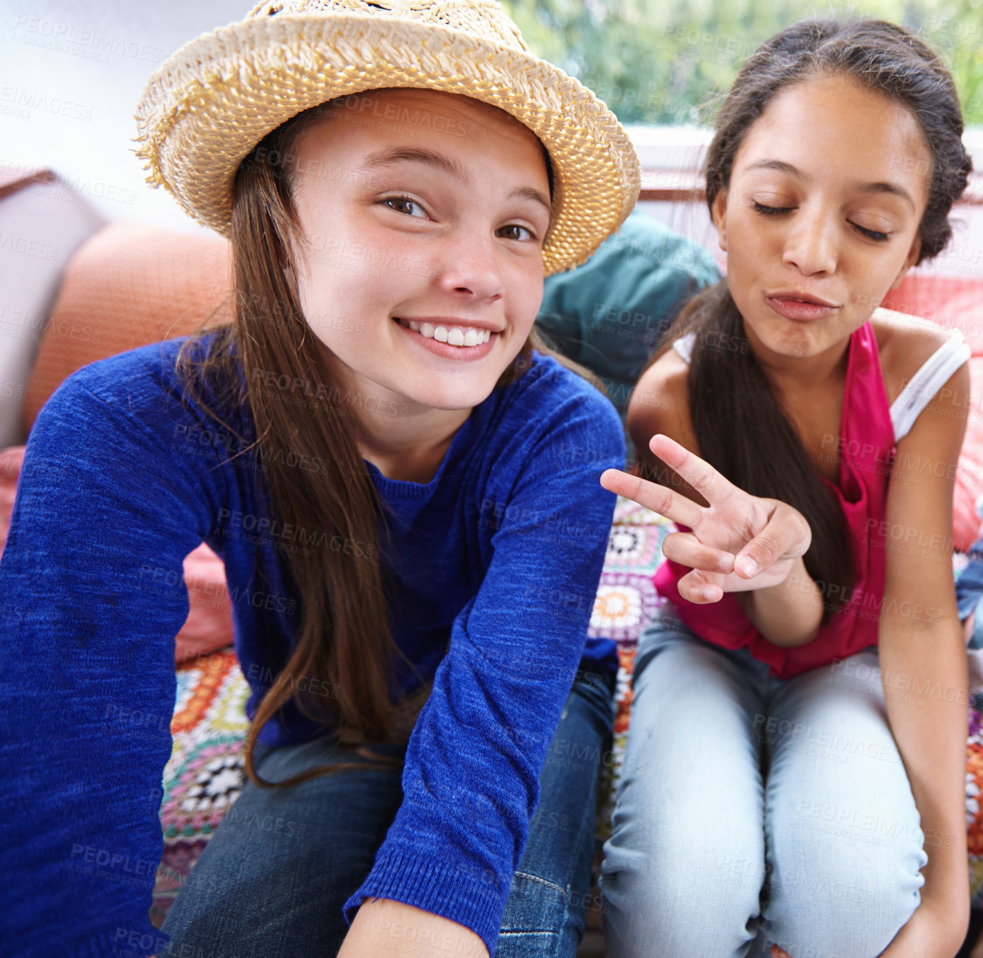 Buy stock photo Shot of teenage friends taking a selfie together