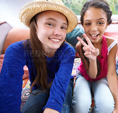 Buy stock photo Shot of teenage friends taking a selfie together