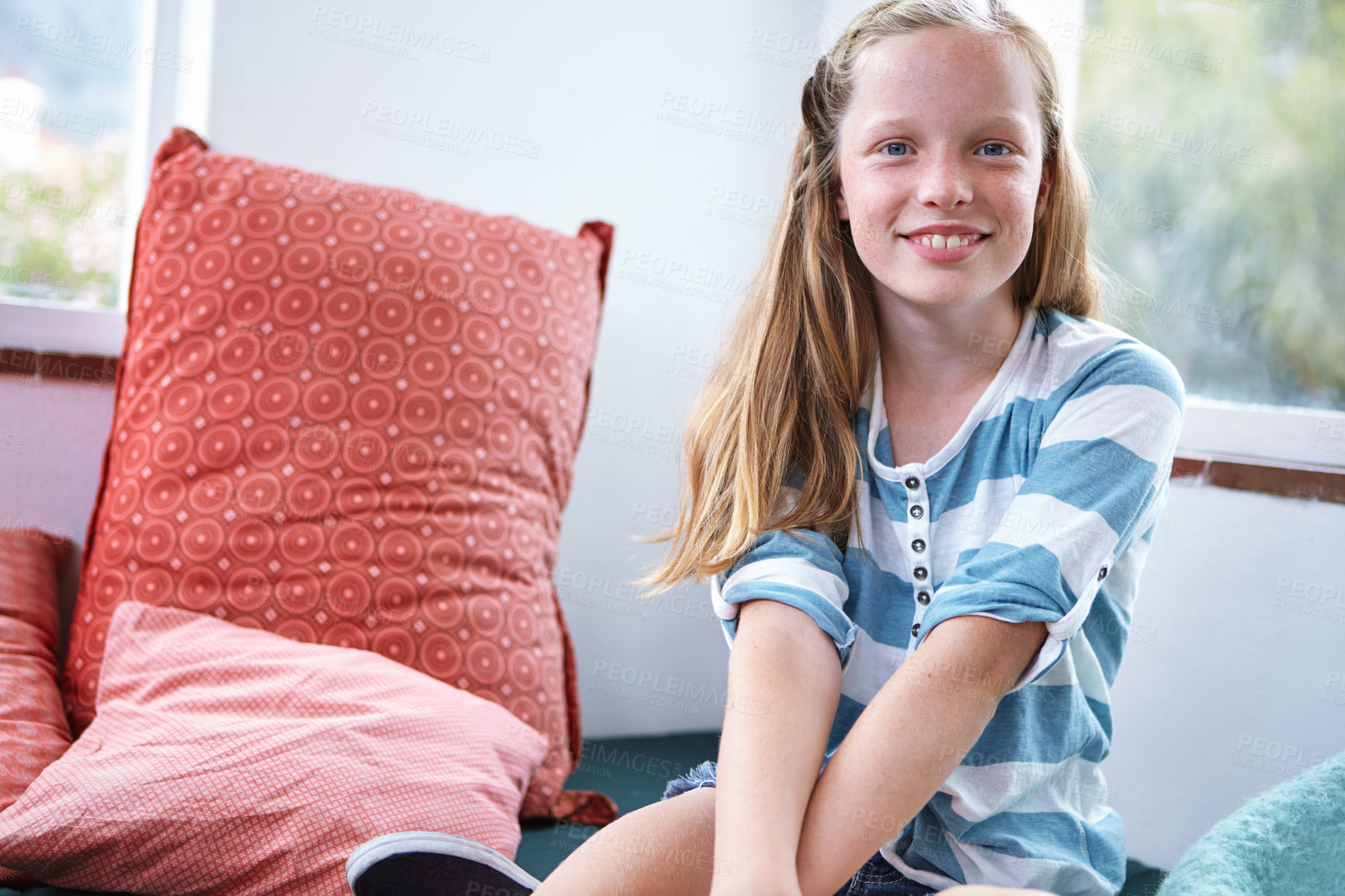 Buy stock photo Portrait of a teenage girl at home