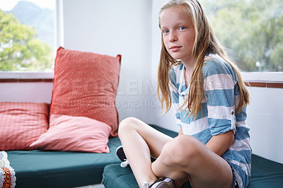 Buy stock photo Portrait of a teenage girl at home