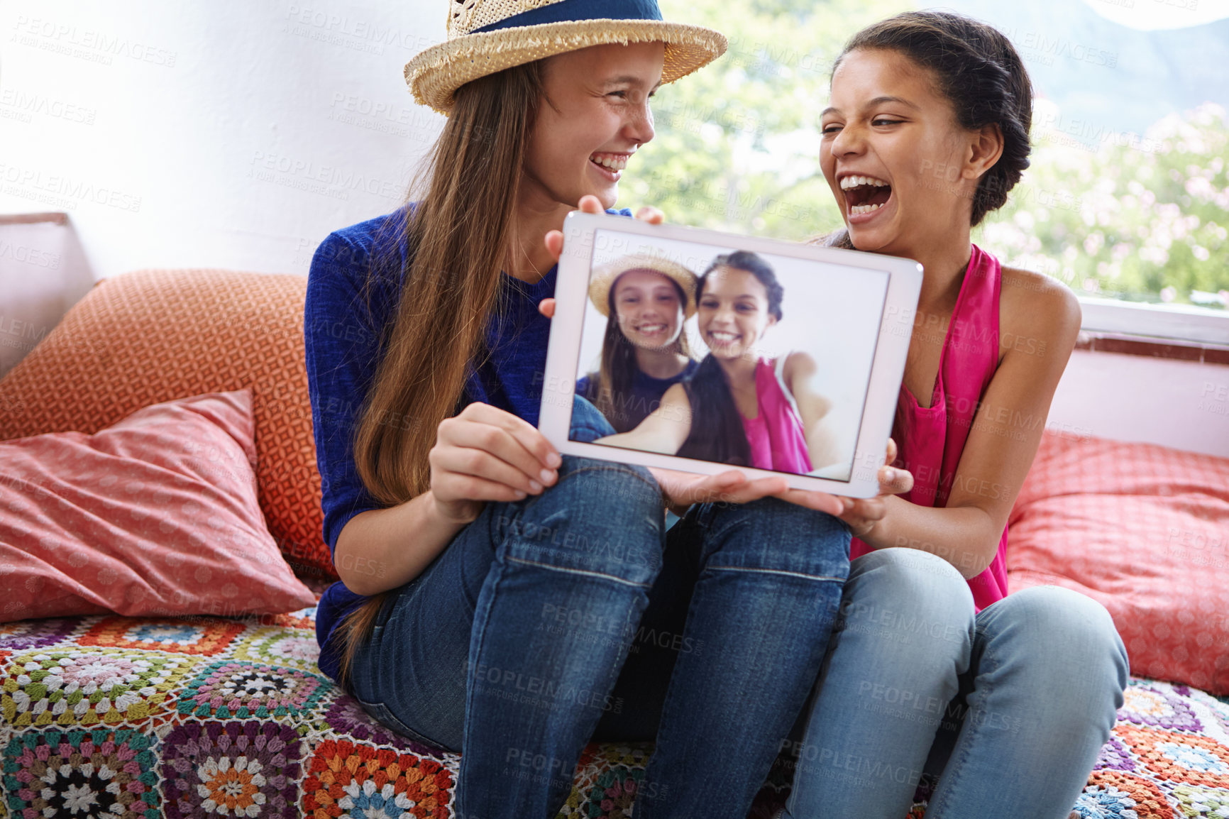 Buy stock photo Funny, tablet screen and photo with teen friends in home,  excited and social media selfie. Tech, girls and show profile picture in house to laugh for memory, capture moment and kids bonding together