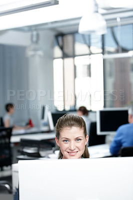 Buy stock photo Business, woman and happy at computer in office for policy assistance, risk management and customer service. Space, insurance agent and technology for help with coverage feedback and client support