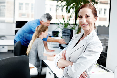 Buy stock photo Portrait, business and woman with pride in office for about us, bank company and financial service. Mature, female person and arms crossed with ambition for investment, finance advice and opportunity