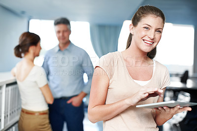 Buy stock photo Happy woman, portrait and creative designer with tablet for online development, UX or UI design at office. Female person, employee or planner with smile on technology for app or network at workplace