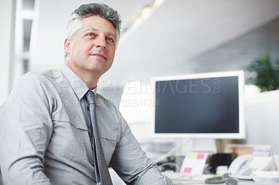 Buy stock photo Thinking, mature or man in office for business homepage ideas or company newsletter post. Web design, proud and developer daydreaming in creative startup for front end software update on computer