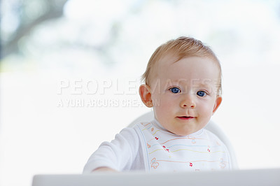 Buy stock photo Infant, boy and portrait in home chair, morning breakfast and waiting for feeding in apartment. Male person, happy baby and curious for nutrition, child development and bib for safety in family house