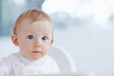 Buy stock photo A cute baby boy looking intensely at the camera