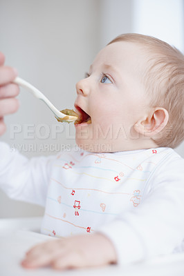 Buy stock photo Cropped image of a mother's hand feeding her infant son