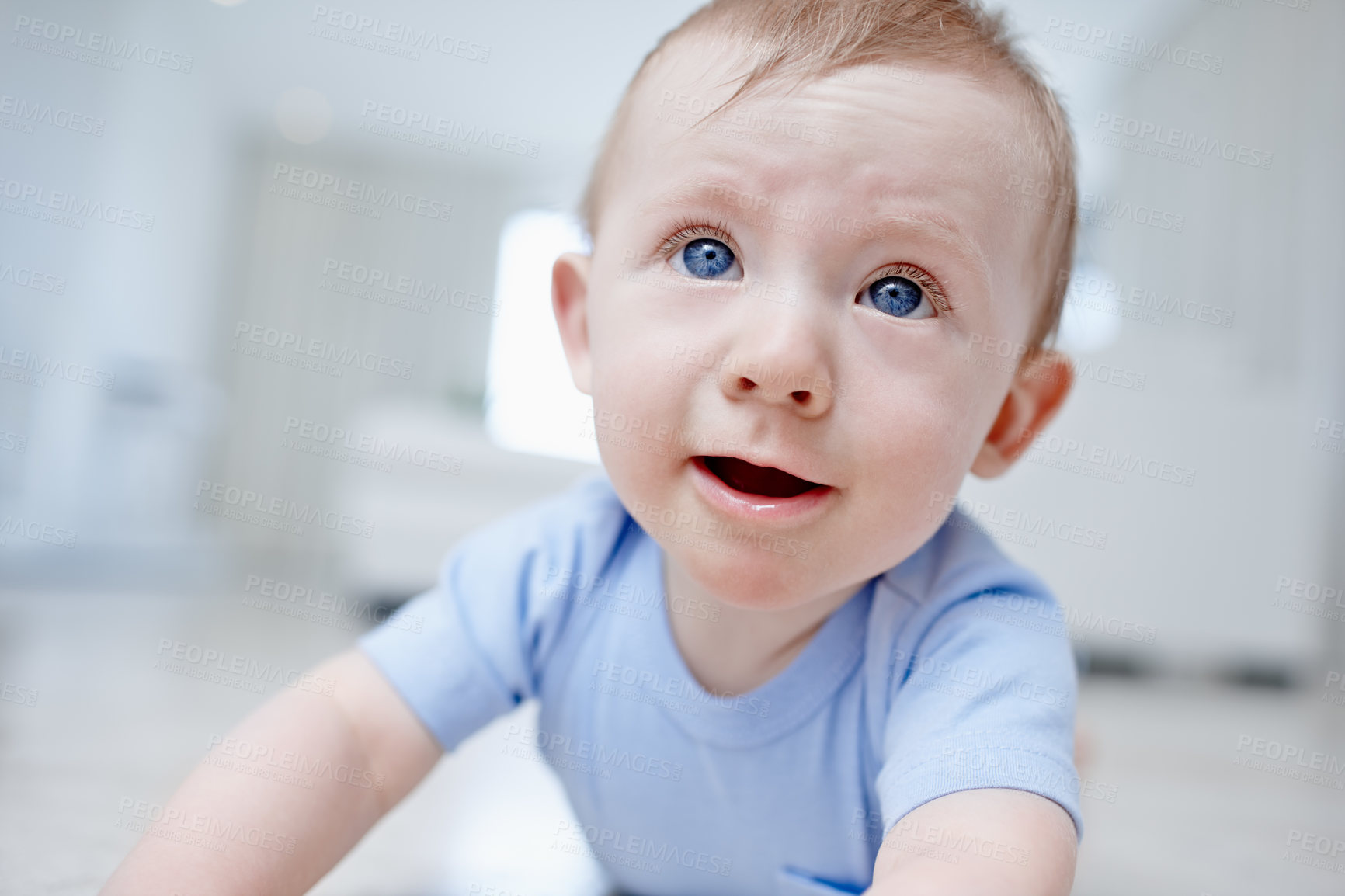 Buy stock photo Closeup of a cute baby boy looking up 