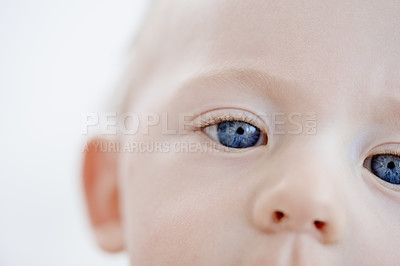 Buy stock photo Close crop of a baby boy's blue eyes and nose