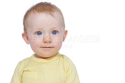 Buy stock photo Thinking, baby and curious for play in studio of sensory development, discovery activity and child growth. Infant, learning and motor skills, coordination and mobility of wellness on white background