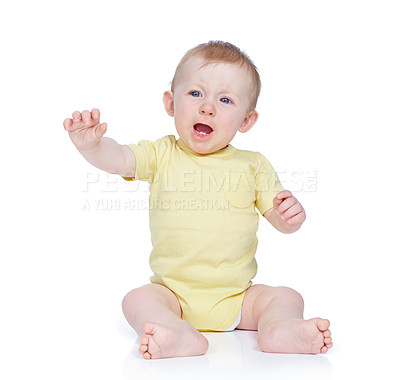 Buy stock photo A cute baby boy crying isolated against white