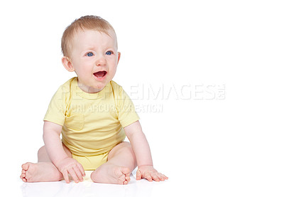 Buy stock photo Sad, tired and baby crying in studio with emotional tantrum, anxiety and attention for morning grief. Infant, fatigue and tears with discomfort, diaper change and teething problem on white background