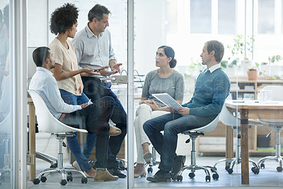 Buy stock photo Meeting, office and business people planning for brainstorm, collaboration or discussion. Teamwork, professional and group of diverse employees for report, review and conversation on creative project