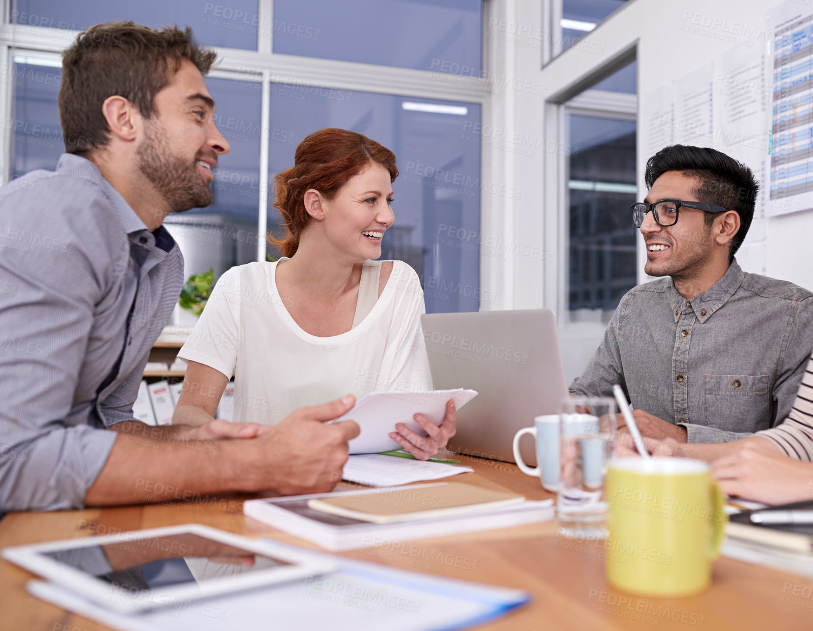 Buy stock photo Team in meeting, creative people with collaboration and project planning in conference room. Brainstorming, teamwork and strategy discussion in workplace with young men and women working together