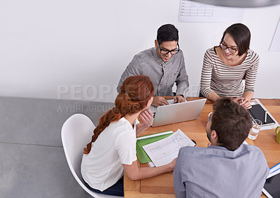 Buy stock photo Team of creative people in business meeting with collaboration, project planning and top view. Brainstorming, teamwork and strategy discussion in workplace, young men and women working together