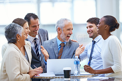 Buy stock photo Teamwork, celebration and business people in meeting with victory, success and achievement. Collaboration, corporate office and happy men and women on computer for winning, good news and online bonus