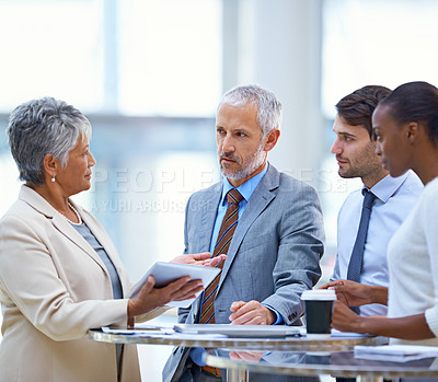 Buy stock photo Ceo, tablet and teamwork with business people in meeting for coaching, mentor and strategy. Corporate, leadership and project management with employees in office for boss, training and director