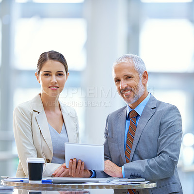 Buy stock photo Portrait, businesspeople and meeting with tablet, smile and teamwork for workshop. Technology, collaboration and happy coworkers for conference, professional and corporate male manager with employee 