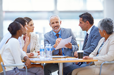 Buy stock photo Ceo, leadership and portrait of man in business meeting for coaching, mentor and strategy. Corporate, manager and project management with employees in office for boss, training and director