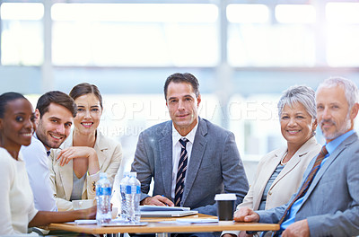 Buy stock photo Corporate, meeting and portrait of business people for discussion, planning and teamwork in office. Diversity, collaboration and men and women with ideas, documents and company report for project