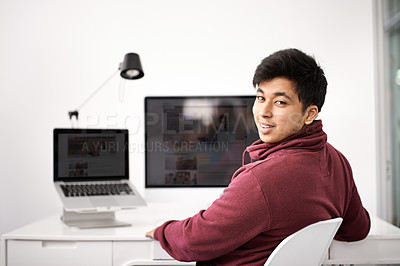 Buy stock photo Happy man, portrait and computer screen for web development, programming and information technology. Asian programmer, worker or online designer on laptop or multimedia for startup project at desk