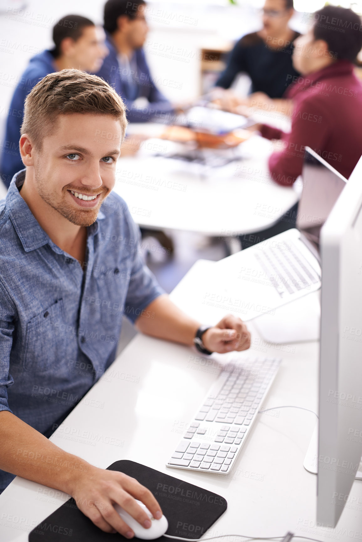 Buy stock photo Business man, computer and working at office desk for web development, programming or information technology. Young programmer, worker or online designer on multimedia, planning and startup project