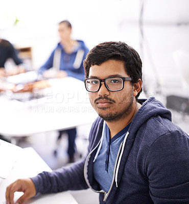 Buy stock photo Programer, spectacles and portrait in office for information technology innovation, web development and programming. Indian person or IT professional and serious for database business in company
