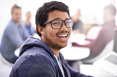 Buy stock photo Meeting, happy and portrait of business man in creative office for planning, collaboration or internship. Lens flare, designer or young worker with glasses for solution, teamwork and startup project
