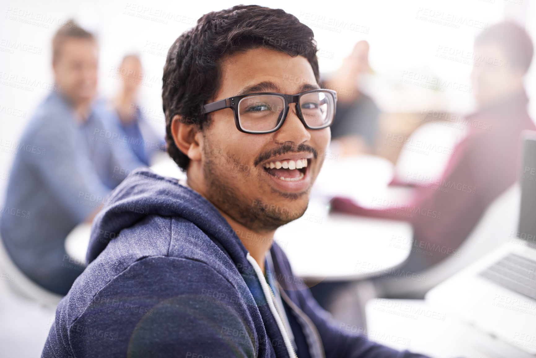 Buy stock photo Meeting, happy and portrait of business man in creative office for planning, collaboration or internship. Lens flare, designer or young worker with glasses for solution, teamwork and startup project