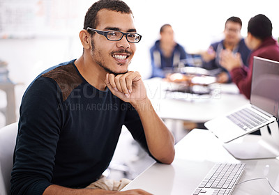 Buy stock photo Young man, computer and portrait in workspace for web development, programming or information technology. Business programmer, worker or online designer in glasses for planning and startup project