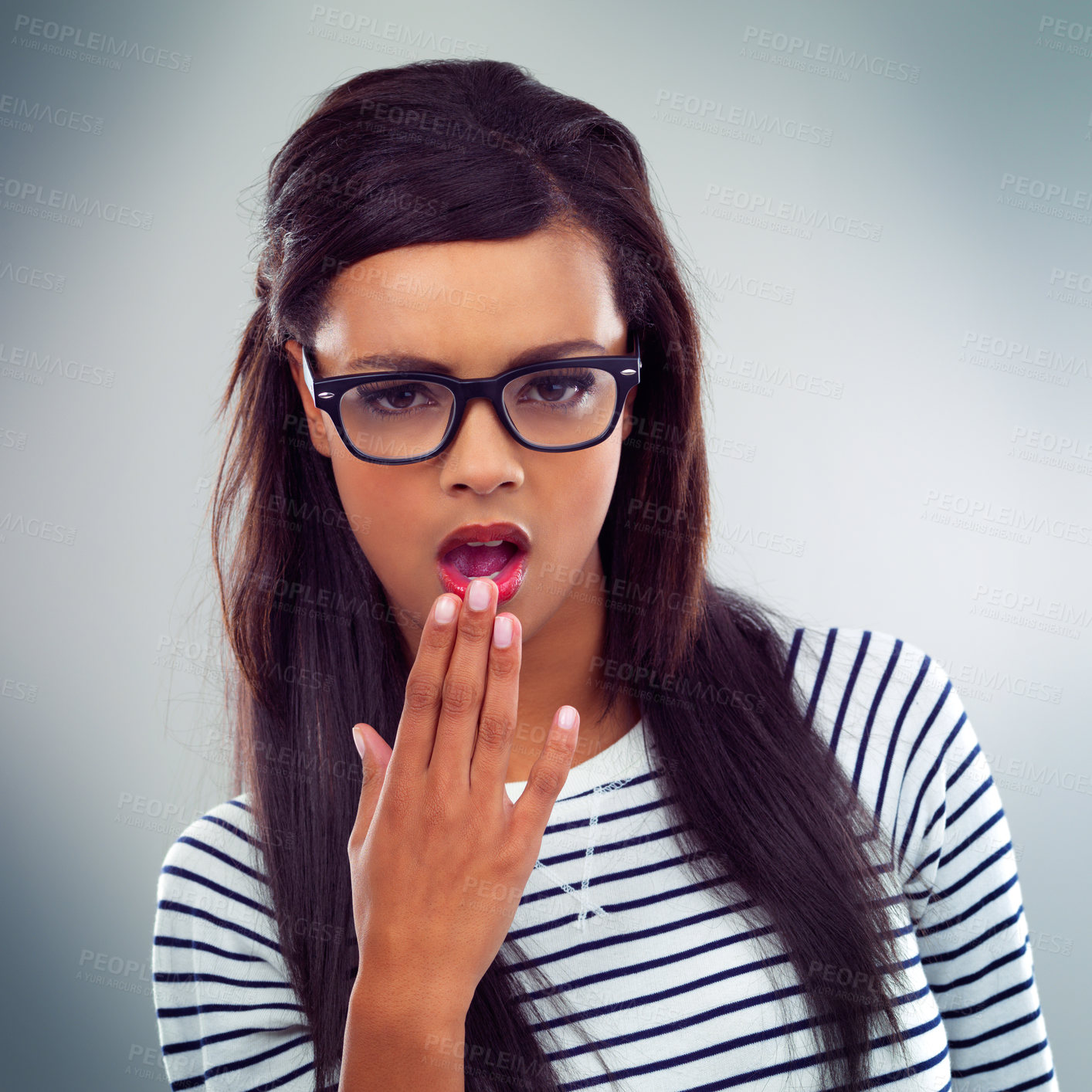 Buy stock photo Portrait, hand and shock with glasses, girl and announcement for sale, cosmetics and secret for discount. Background, college student and cover of mouth for news, mockup and customer in Paris