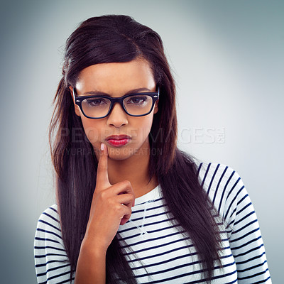 Buy stock photo Portrait, serious and woman with glasses, thinking and solution on white studio background. Face, person or model with eyewear, upset or emotion with decision, planning or assertive with clear vision