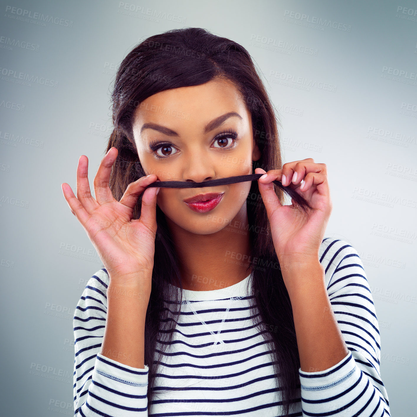 Buy stock photo Funny, portrait and woman with hair as mustache in studio, background and mockup space. Fashion. model and girl relax with silly face and creative quirky identity in style, clothes and hairstyle