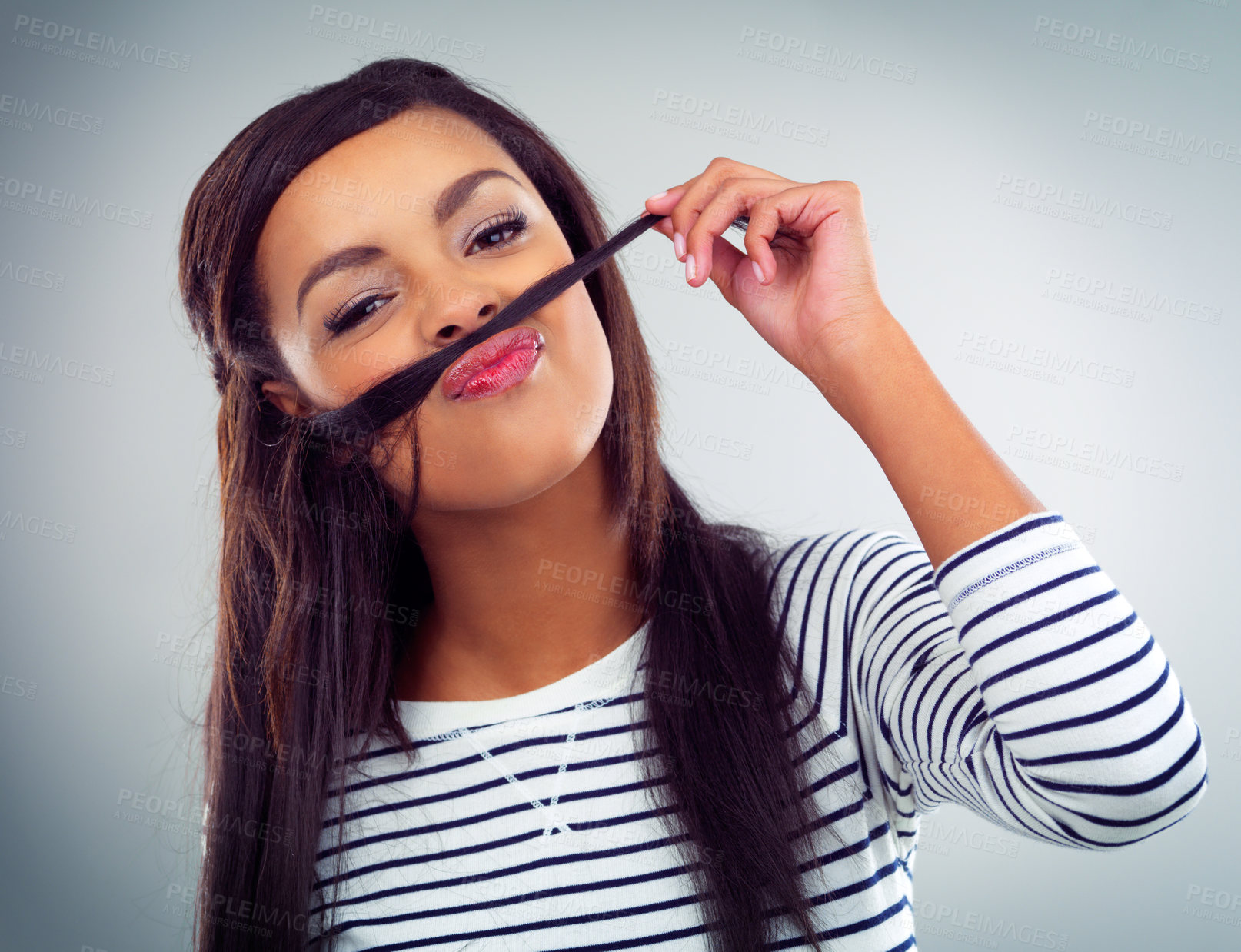 Buy stock photo Portrait, woman and expression in studio, mustache and hands isolated on gray background. Emoji, comedy and haircare for confident female model, humor or beauty with silly or goofy face for texture