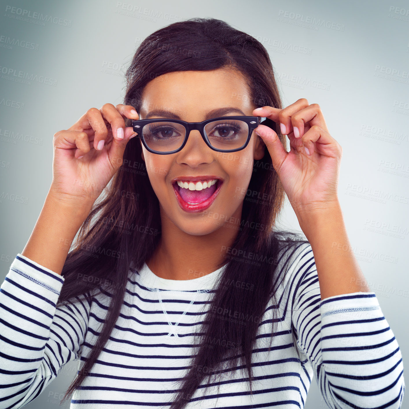 Buy stock photo Portrait, woman and eyewear in studio, glasses and excited expression on gray background. Eyesight, spectacles or optometry for model, vision and stylish or trendy prescription lens as eye care