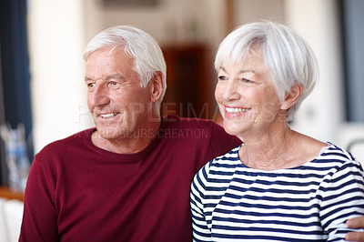 Buy stock photo Shot of a happy senior couple sitting together at home