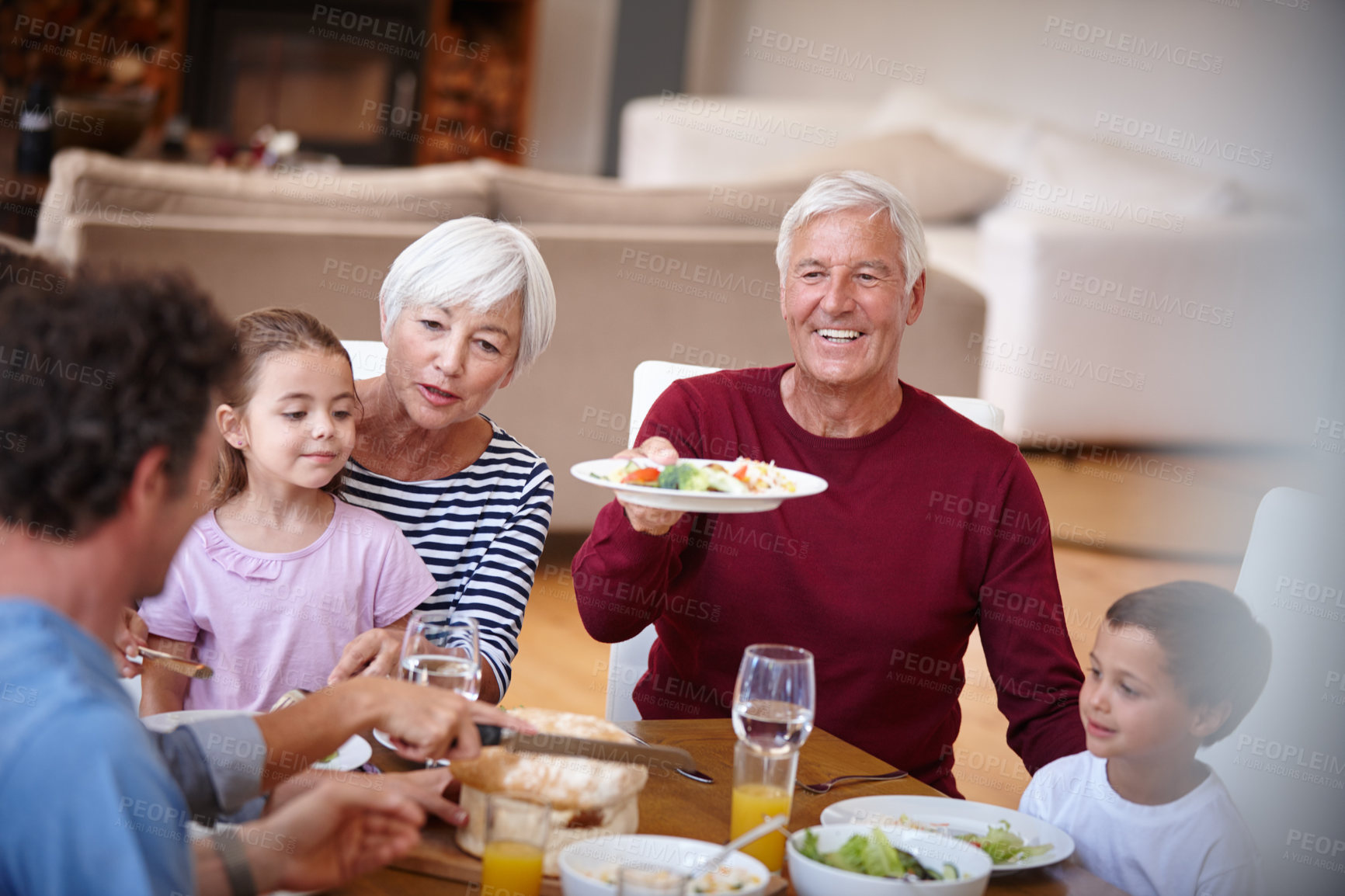 Buy stock photo Shot of a multi generational family having a meal together around a dining table