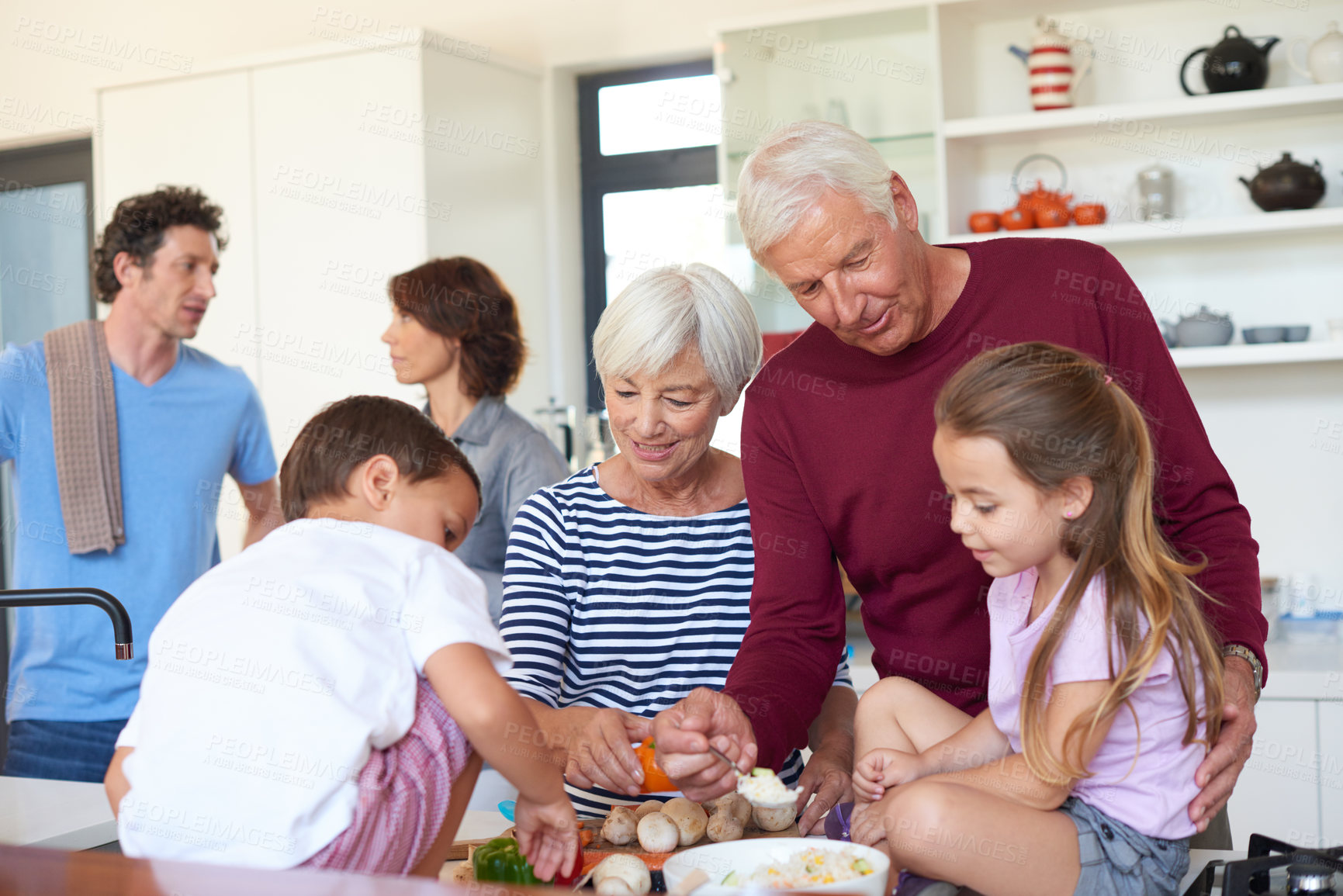 Buy stock photo Shot of grandparents preparing dinner with their grandchildren in a kitchen