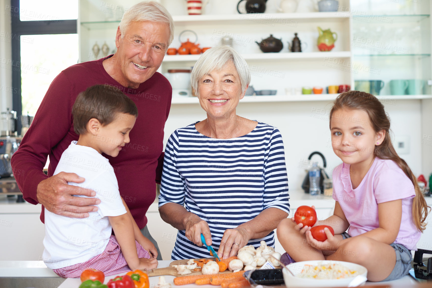 Buy stock photo Portrait of grandparents preparing dinner with their grandchildren in a kitchen