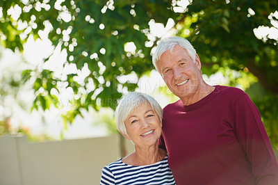 Buy stock photo Cropped portrait of an affectionate senior couple outdoors