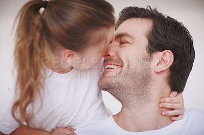 Buy stock photo Daughter, dad and nose touch in home, fun and love for kid in childhood relationship. Peace, playful connection and care for protection or security, support girl and weekend with father in bedroom