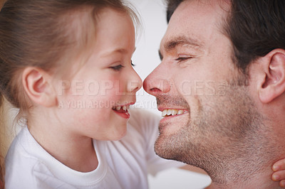 Buy stock photo Daughter, daddy and nose touch in home, fun and love for kid in childhood relationship. Happy, playful connection and care for protection or security, support girl and weekend with father in closeup