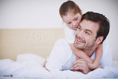 Buy stock photo Daddy, child and bonding with hug in home, connection and love for kid in childhood relationship. Trust, family and happy for protection or security, support girl and weekend with father in bedroom