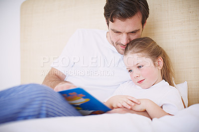 Buy stock photo Relax, dad and child in bedroom for reading book, learning and bonding with cognitive development. Home, girl and father with storytelling for language support, fantasy and literacy knowledge in bed